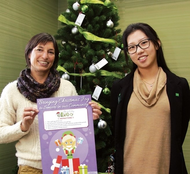 Christmas Elves founder Christine DeSoto, left, and TD investment consultant Catherine Jooyoung Lee at the elf tree in the Canmore branch.