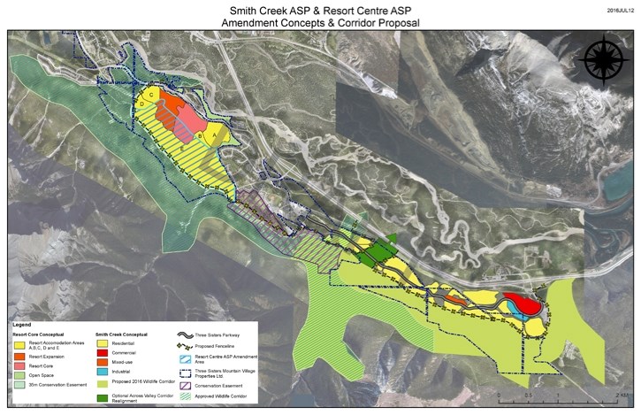 A land use concept map and alignment of wildlife corridors proposed by Three Sisters Mountain Village.