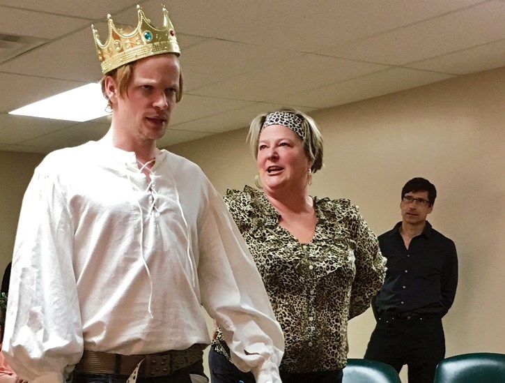 Jonathan Simpson as Claudius and Marilu Adams as Ruby during a dress rehearsal for Ruby of Elsinore, one of four one-act-plays to be staged Feb. 22-26 at the Canmore Miners