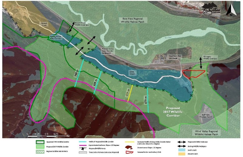 The proposed alignment for the final wildlife corridor on Three Sisters Mountain Village lands at the eastern most end of Canmore.
