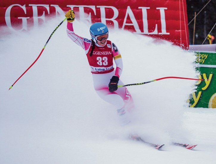 Breezy Johnson from the US Ski team gives a big post-race cheer as she finishes her run in the Lake Louise World Cup ladies downhill event in December. The ski hill is being
