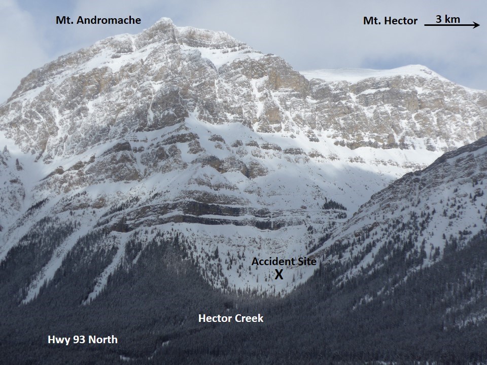 The location of an avalanche north of Lake Louise that killed to Boston, Mass. residents who were in the area snowshoeing.