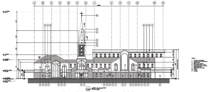 An image that shows the front of the proposed new Catholic church in Canmore.