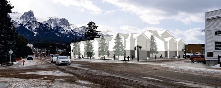 A viewshed analysis of the approximate shape a propsed multi-residential development would have at the corner of Seventh Avenue and Seventh Street in downtown Canmore.