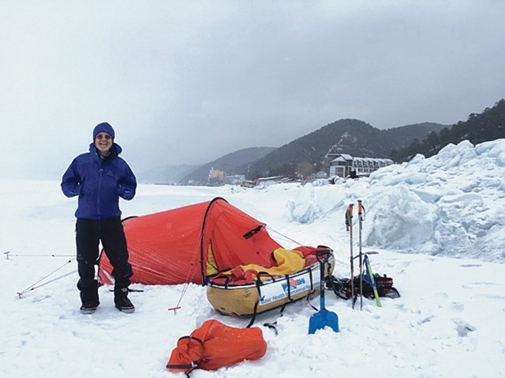 Dr. Bill Hanlon with his tent sledge on Lake Baikal in Siberia.