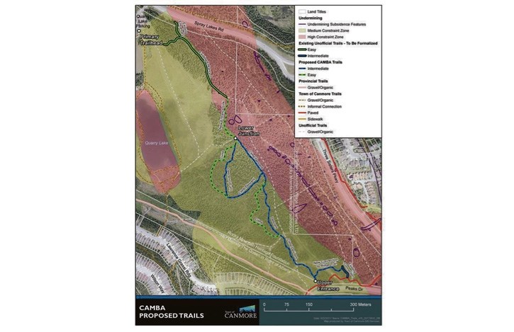 A map of the mountain bike trail the Town of Canmore plans to build this summer at the Quarry Lake park area.