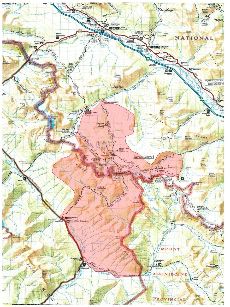 A map of the closure area in Kootenay and Banff national parks after a wildfire was reported near Verdant Creek on Saturday (July 15).
