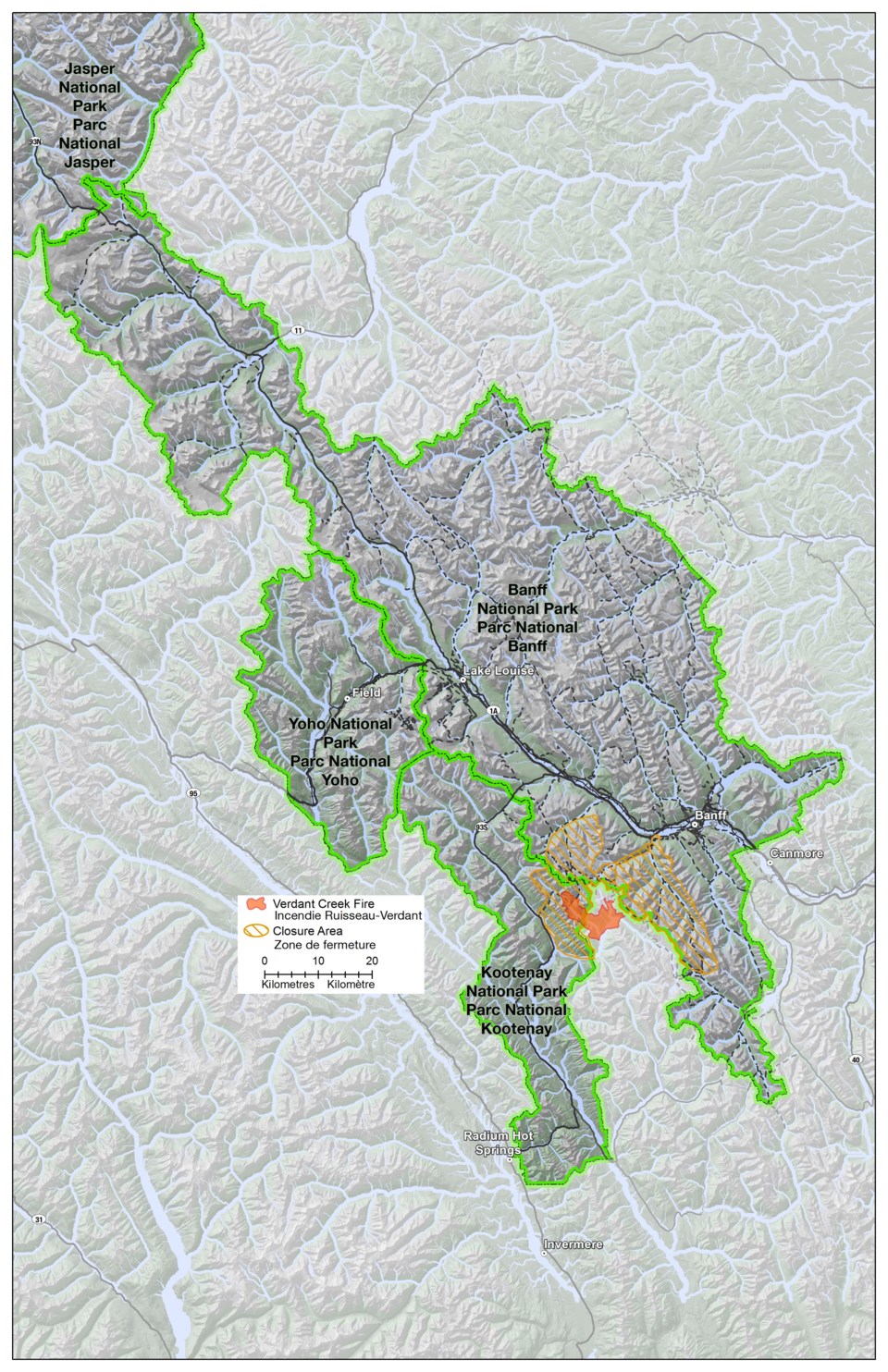 Map of the Verdant Creek wildfire provided by Parks Canada Saturday (July 22).