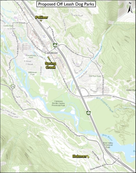 The locations of three proposed off leash dog parks in Canmore.