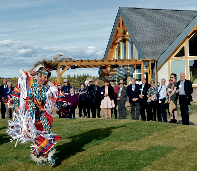 Vaughn Daniels of Stoney Nakoda First Nation grass dances at the Chiniki Cultural Centre and Stones Restaurant grand opening on Tuesday (Sept. 26) off Highway 1 near Morley.
