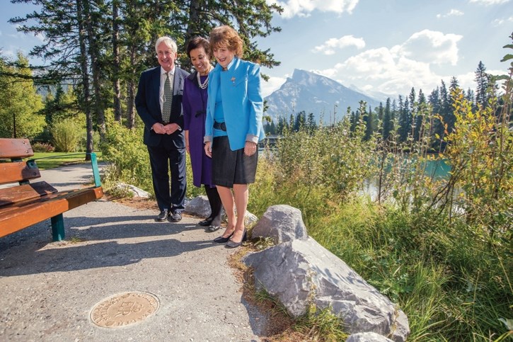 Alberta Lieutenant Governor Lois Mitchell, right, and the Right Honourable Patricia Scotland, Secretary General of the Commonwealth, along with Hugo Vickers from the Outdoor