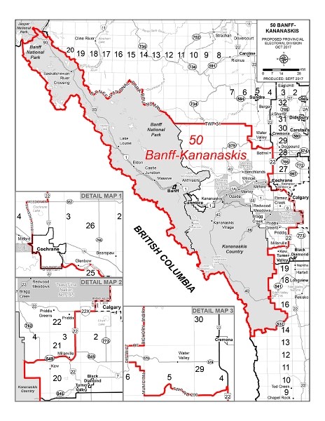 A map displaying the new provincial electoral boundries for Banff-Kananaskis.