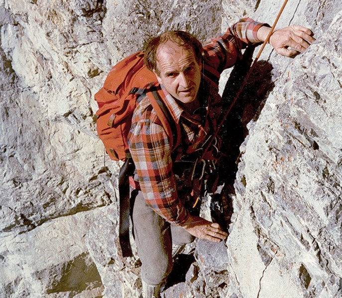 Leo Grillmair climbs Grillmair Chimneys on the 30th anniversary of his first ascent.