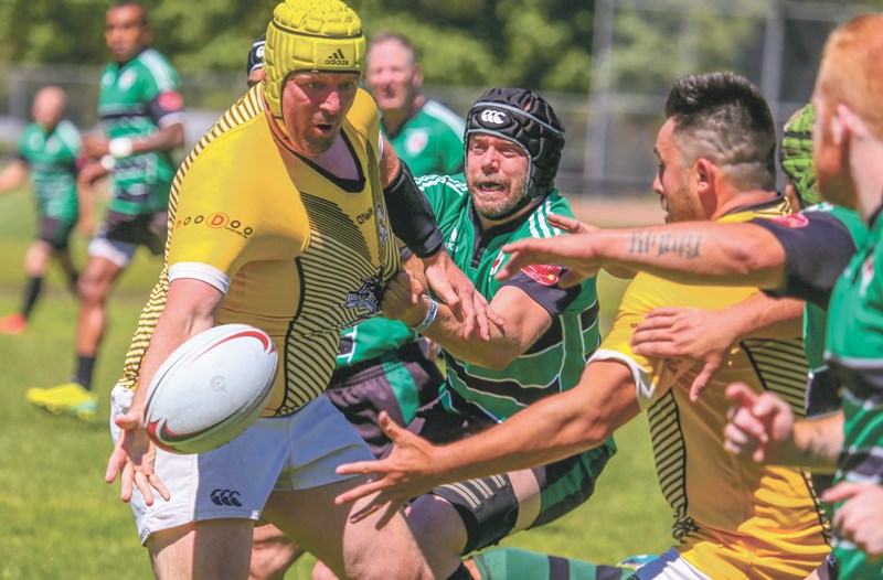 Banff Rugby Club's Mark Hooper, fights his off the competition as he looks for a try at the Banff rec grounds in 2018. RMO FILE PHOTO