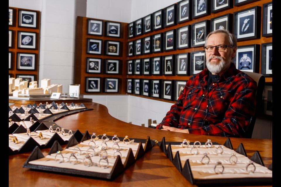 Rocky Mountain Custom Jewellery  owner Peter Kangas shows of his handcrafted bespoke rings on Tuesday (Jan. 7). CHELSEA KEMP RMO PHOTO