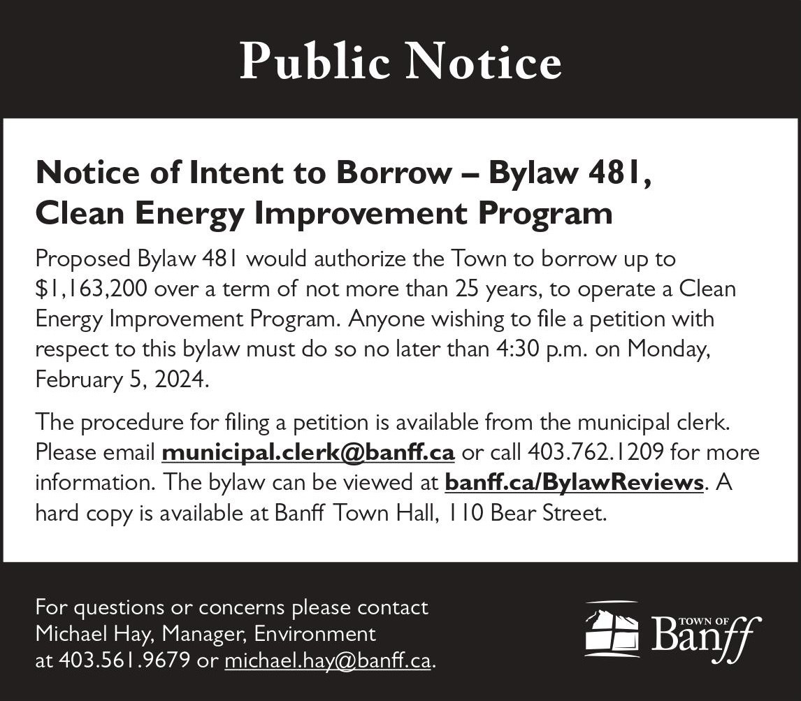 PUBLIC NOTICE Town of Banff notice of intent to borrow for clean