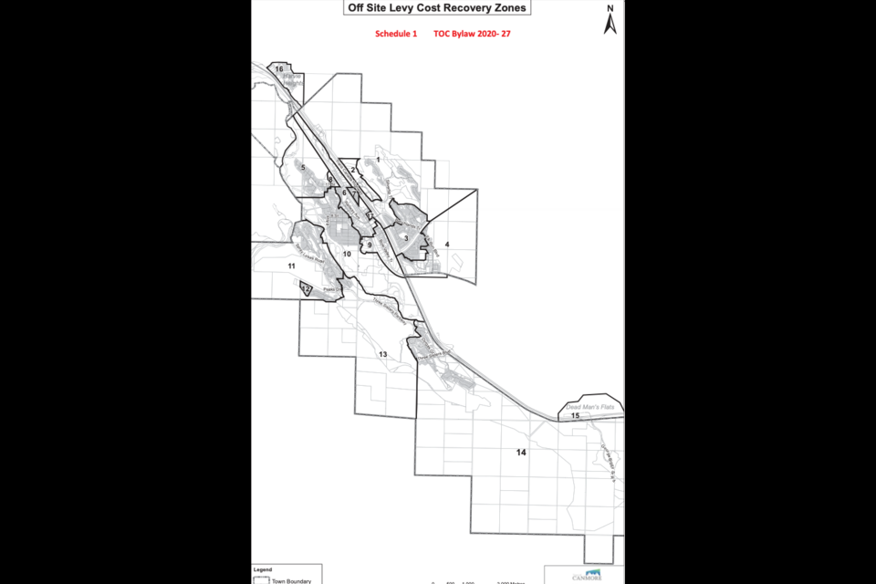 The Town of Canmore's off-site levy bylaw zones. 