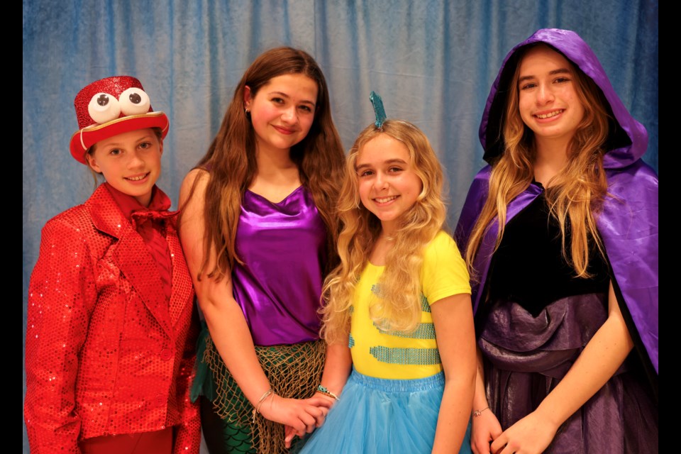 Left to right: Julia Rabkin as Sebastian, Audrey Hockaday as Ariel, Brooke Bartfield as Flounder, Abigail Bartfield as Ursula / Photo courtesy Megan Maxwell-Bey