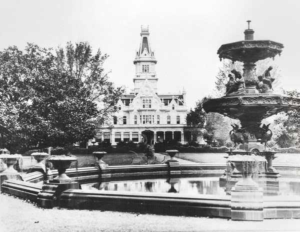 No trace remains of this 60-foot-tall fountain that stood in front of Linden Towers, James Clair Flood's 40-plus room "country home" that was three stories tall, with a 150-tower that was sometimes called "Flood's Wedding Cake." Atherton historian Marion Oster says she knows this photo was taken after 1906 because the fountain's top piece is missing after being damaged in the earthquake. (Courtesy town of Atherton Heritage Collection)
