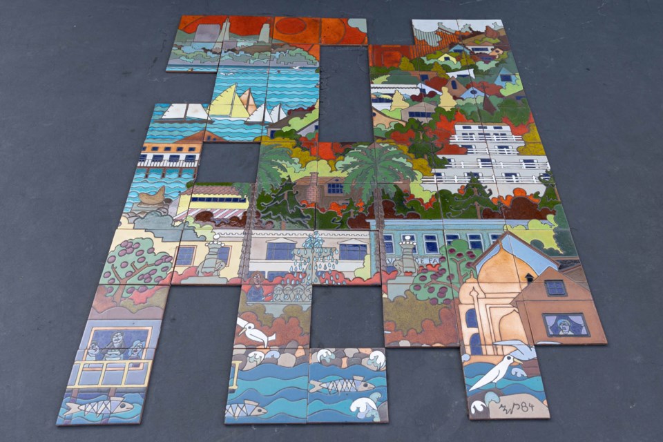 A mural of Sausalito by prominent San Francisco-born ceramic artist Guillermo Wagner Granizo made originally of 63 tiles is now incomplete with only 52 tiles