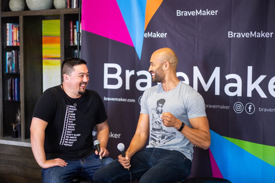 Sean McCarthy (left) interviews Nate Duncan, a featured short film maker, during the 2019 BraveMaker Film Festival