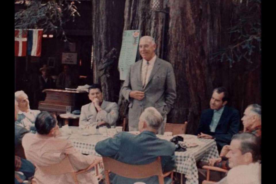 "Breakfast at Owls Nest Camp, Bohemian Grove, July 23, 1967"
Pictured future presidents, Ronald Reagan and Richard Nixon with Harvey Hancock and others at Bohemian Grove. 
