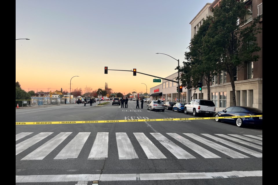 Police closed down a portion of El Camino Real after five officers opened fire on a man following a domestic violence incident in which they said he attempted to use children as shields on Tuesday, Nov. 15, 2022.