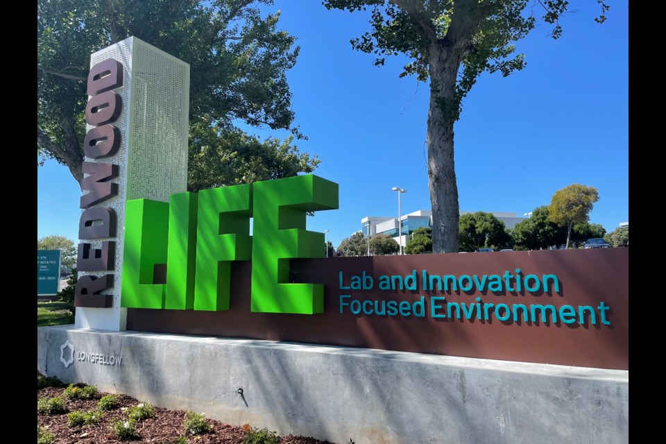 The entrance to Redwood LIFE, an 84-acre life sciences campus in Redwood Shores