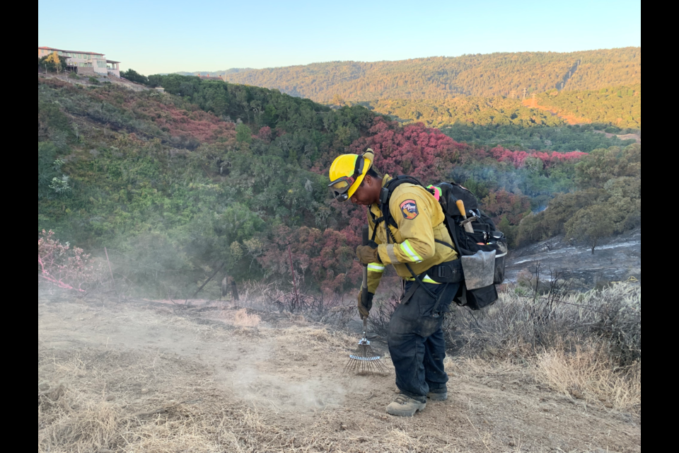 A Cal Fire firefighter performing mop up on the Edgewood Fire