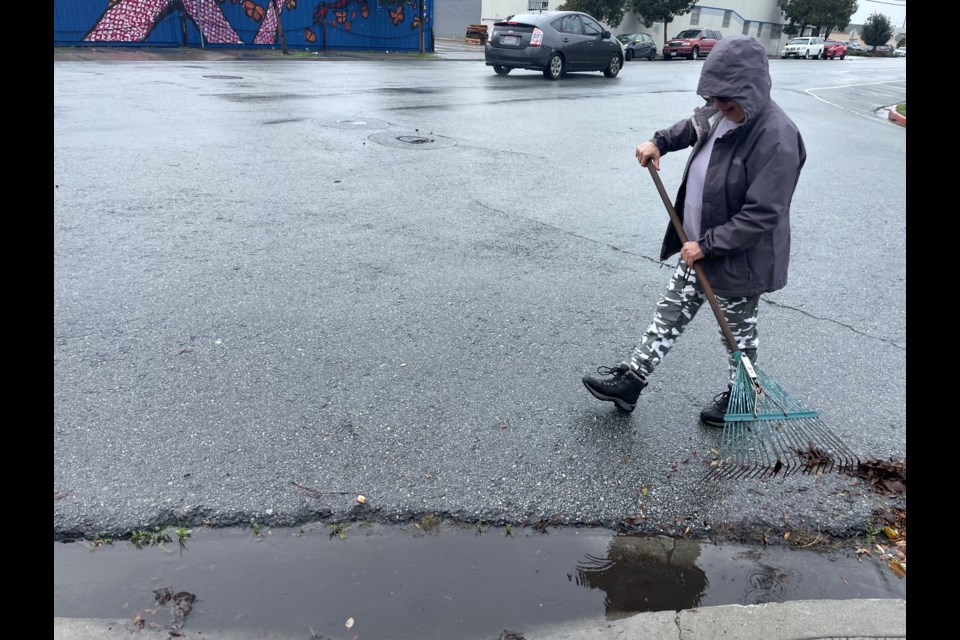 A woman cleans a gutter along Bay Road on Thursday, Jan. 5