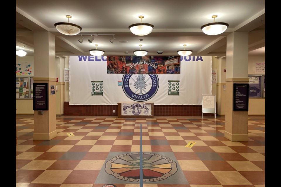 A view of the welcome banner in Sequoia High School's front hall
