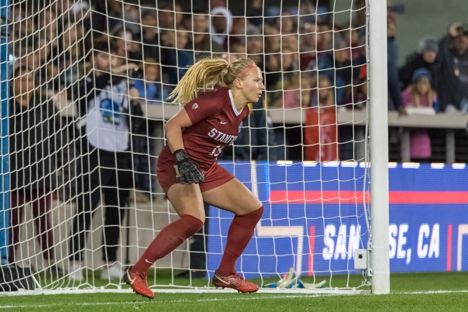 Katie Meyer, Stanford University women's soccer goalkeeper, during a game against the University of North Carolina Tar Heels in the Women's NCAA Tournament National Championship soccer game at Avaya Stadium in San Jose on Dec. 8, 2019. Courtesy Stanford Athletics.