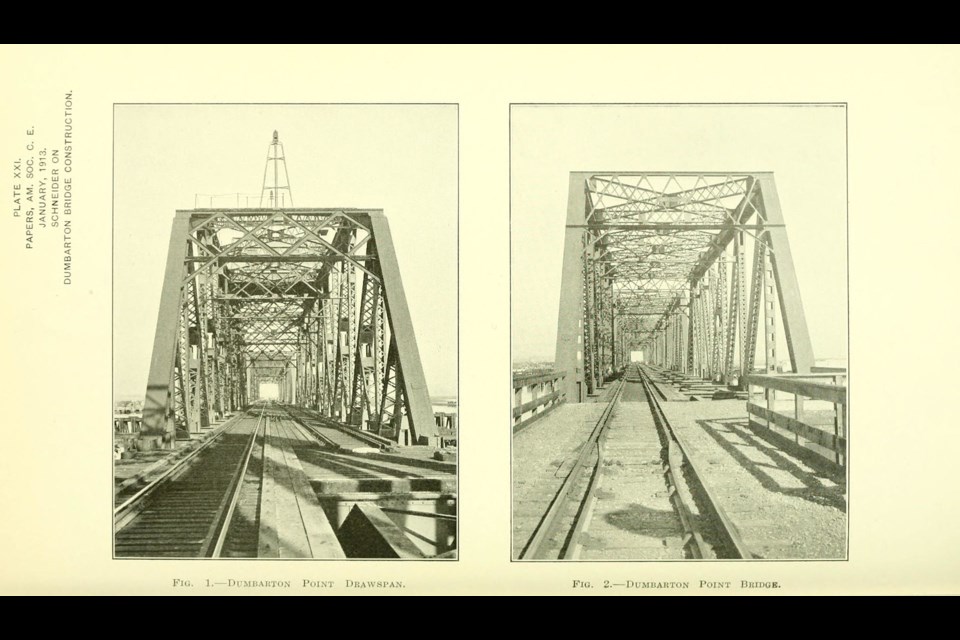 E. J. Schneider & uncredited photographer(s) - (January 1913). "Construction Problems, Dumbarton Bridge, Central California Railway". Proceedings of the American Society of Civil Engineers 39: 117–128. Retrieved on 14 March 2016.