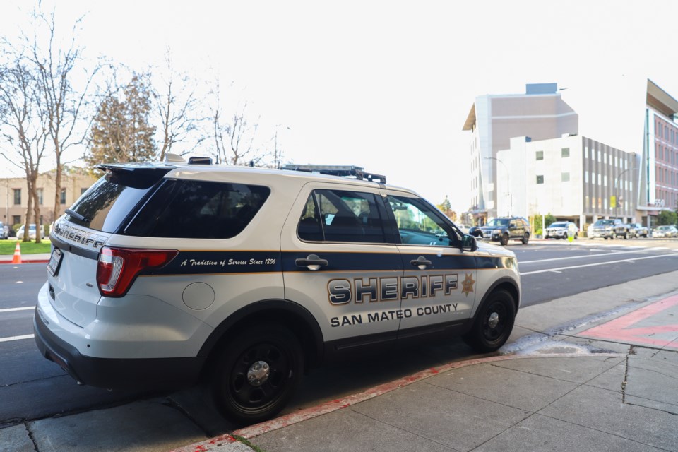 A San Mateo County Sheriff vehicle outside the county superior court on Feb. 2, 2021. 