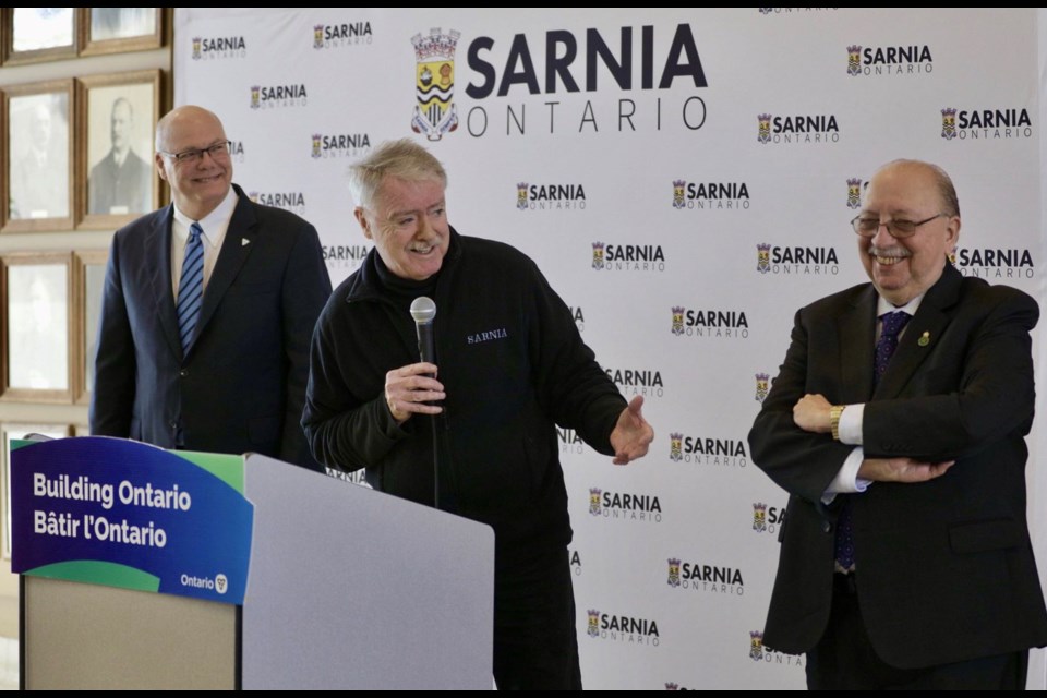 Sarnia Mayor Mike Bradley speaks at a presentation where officials announced $400,000 in funding through the province’s Building Faster Fund.
