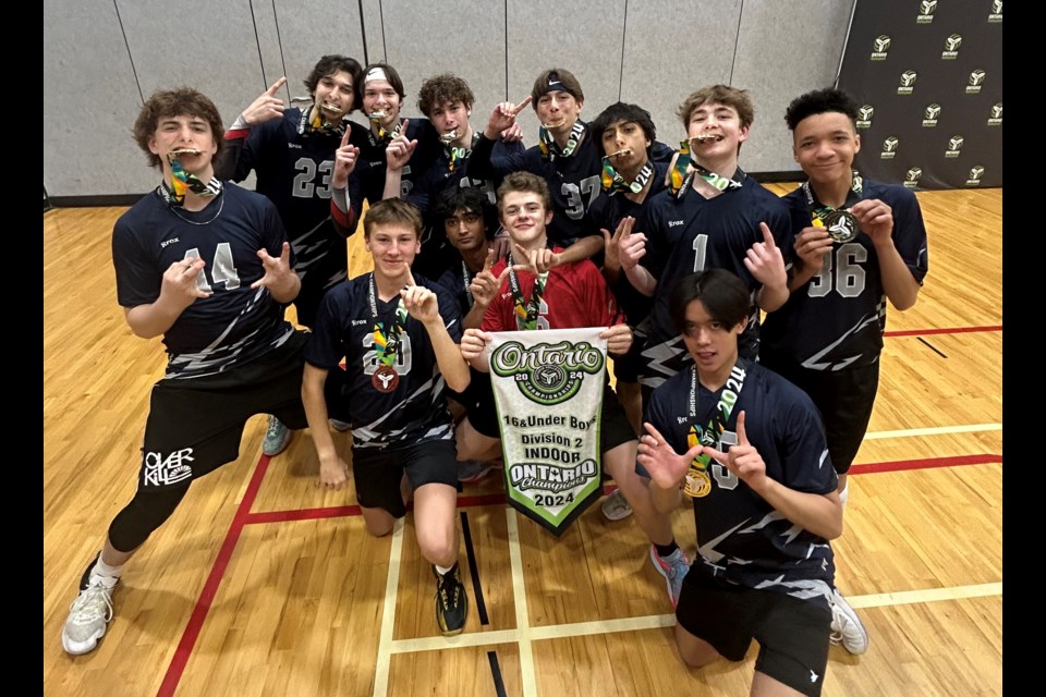 Players from the The Twin Bridges 16U boys volleyball team celebrate their gold medal win at the Ontario Volleyball Association’s provincial championships recently.