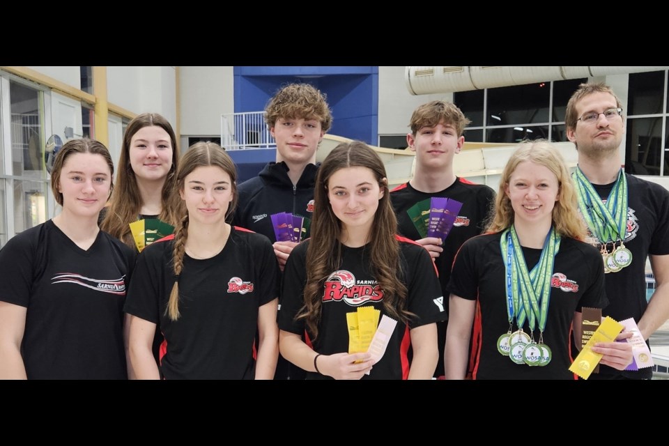 Members of the Sarnia Rapids Swim Team had a successful showing at the 2024 Western Region Swimming Championships in London, recently.
Pictured are: (13 & over swimmers) Rachel Winklmeier, Natalie Pretty, Astrid McCormick, Matt Kemp, Aili Girardi, Lucas Jones, Isabelle Robert, Allan Sundby. (Missing: Daisy Jenkins and Ali Page).