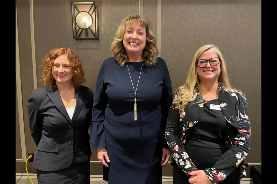 MP Marilyn Gladu, centre, was guest speaker at a Chamber of Commerce luncheon Friday and spoken to how a federal grant could be a deal breaker for a new EV battery plant for Sarnia-Lambton. At left is Jennifer Matthews, CEO of the Better Business Bureau Western Ontario. At right is Carrie McEachran, Chamber CEO.