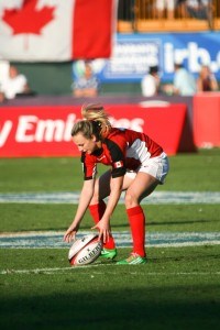 Julie Greenshields, playing here in a tournament in Dubai in 2013, is 22-year-old Sarnia native who has set her sights on competing for Canada at the 2016 Olympics in Rio Di Janiero.  Photo, Rugby Canada