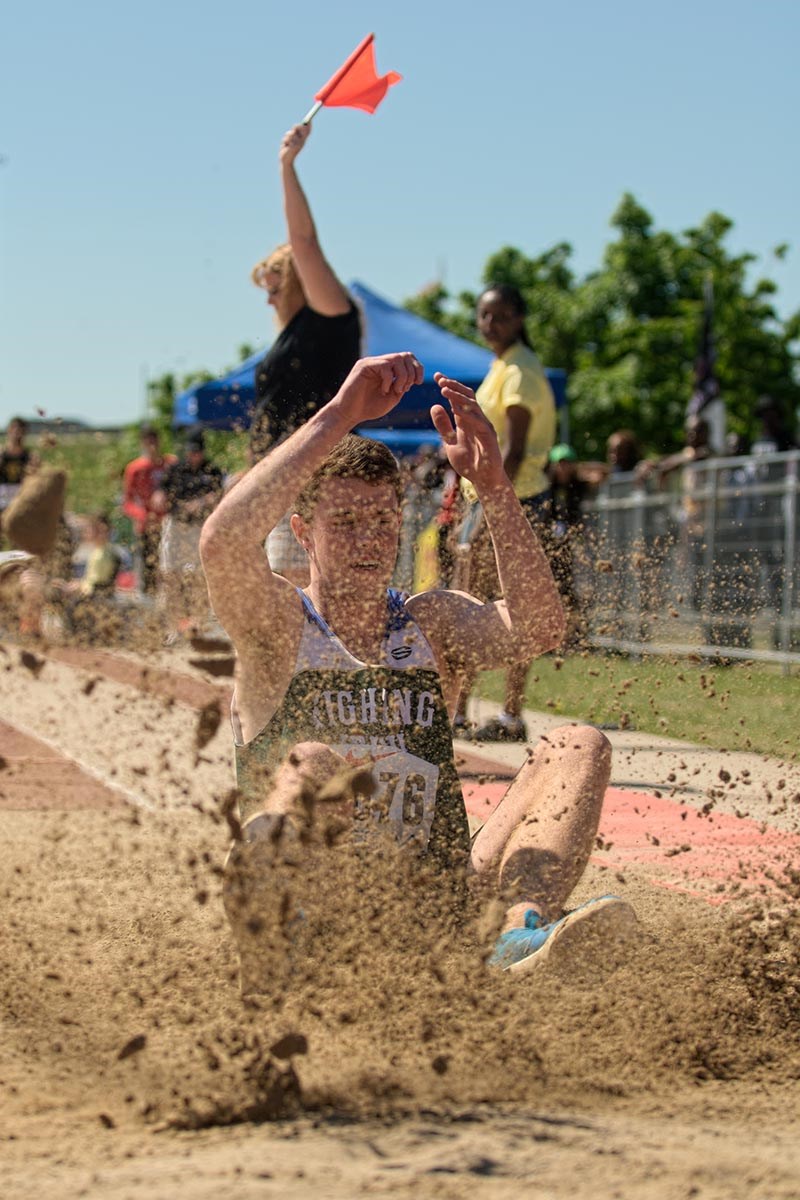 The red flag goes up on a long jump foul by Cormac Brown of St. Patrick’s High School. With a little luck Brown got a second chance and eventually won all-Ontario bronze. Bruce Smith Photo