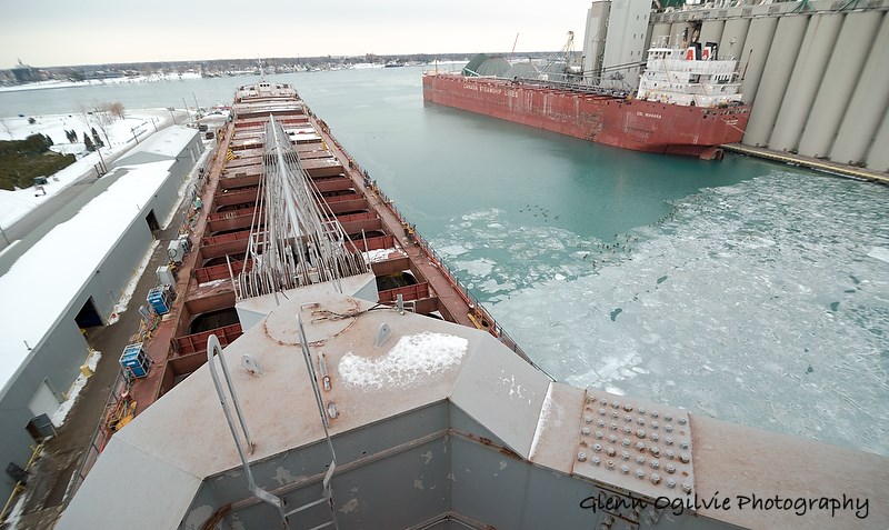 A view from the wheelhouse of the 730-foot Algoma Olympic showing the heart of the scattered berths and land lots the comprise Sarnia Harbour, which is now filling up with ships laying over for the winter. Glenn Ogilvie