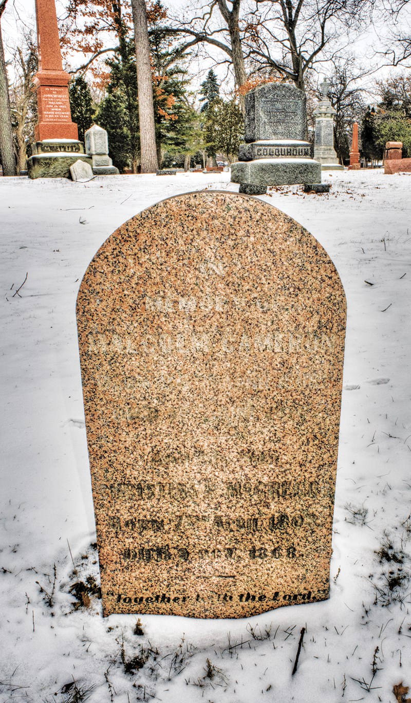 This relatively modest stone marks the grave of Malcolm Cameron, lumber baron, ship builder and prominent Canadian politician. Glenn Ogilvie