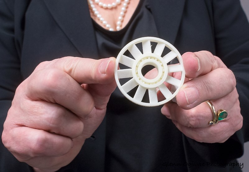 A plastic wheel that turns on bearings laid down in a single piece by a 3D printer at Lambton College's Bluewater Technology Access Centre.  Glenn Ogilvie  