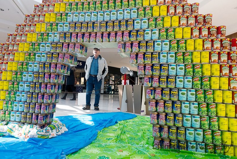 Roland Sterling, of Port Lambton, checks out a creation assembled by the St. Clair Colts and Langtree, which was judged the winner of the Junior Outstanding Structure at the 4th annual CANstruction event. Glenn Ogilvie   