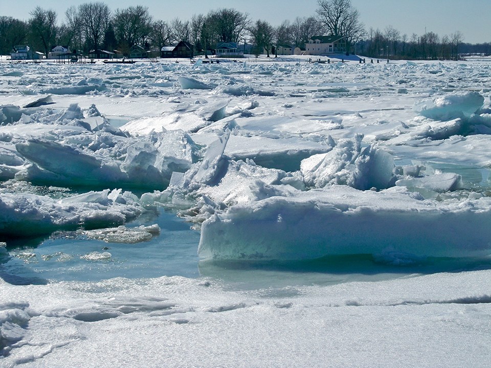 Jagged slabs of ice flow south on the St. Clair River between Corunna and Stag Island. Submitted Photo