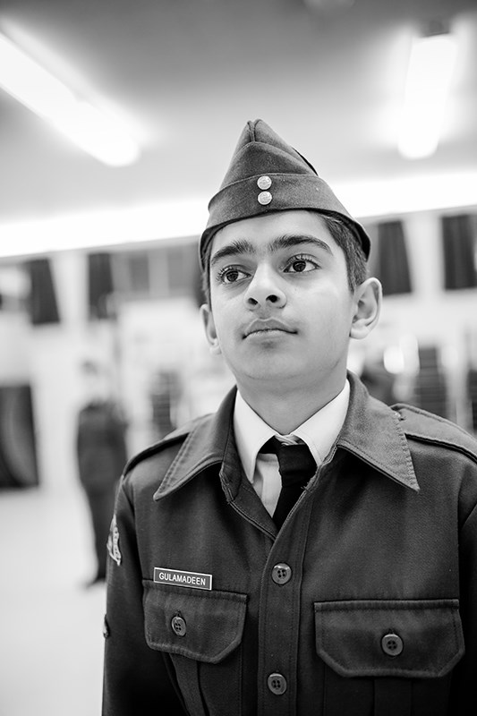 Leading Air Cadet Joshua Gulamadeen stands at attention during an excercise.