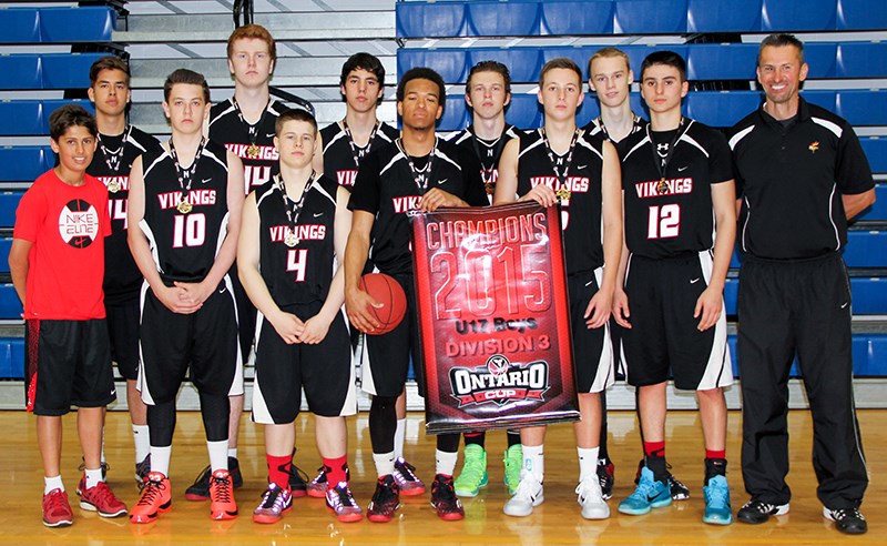 Ontario champs The Valhalla Vikings under-17 boys basketball team won the Division 3 gold medal at the Ontario Basketball Championships in Oshawa on June. 7. The Vikings went undefeated in the tourney, downing a team from Barrie 55-45 in the final. Front row, from left, assistant coach Ethan Jones, Blake Butler, Noah Labelle-Voisey, Zachary Doxilly, Cameron Dietzel, Samuel Fairbairn and coach Chris Jones. Back Row, Gage Oliver, Stephen Smith, Greg Bressette, Cayden Gibb and Luke Daichendt. Wendy Labelle-Voisey Photo