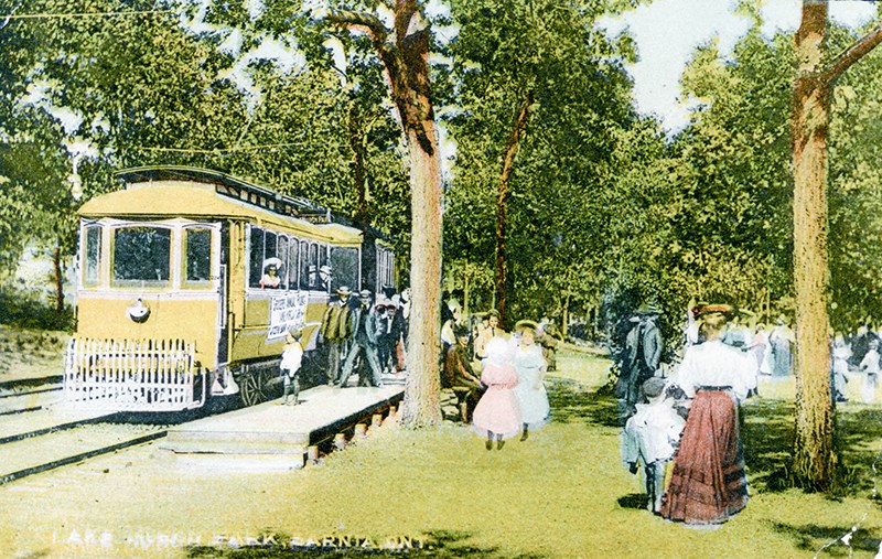 This postcard shows the Sarnia Street Railway making a stop at Lake Huron Park. The trolley brought patrons to and from the posh Lake Huron Hotel, which was located near the foot of what's now McMillen Parkway. Photo courtesy Lambton County Archives.