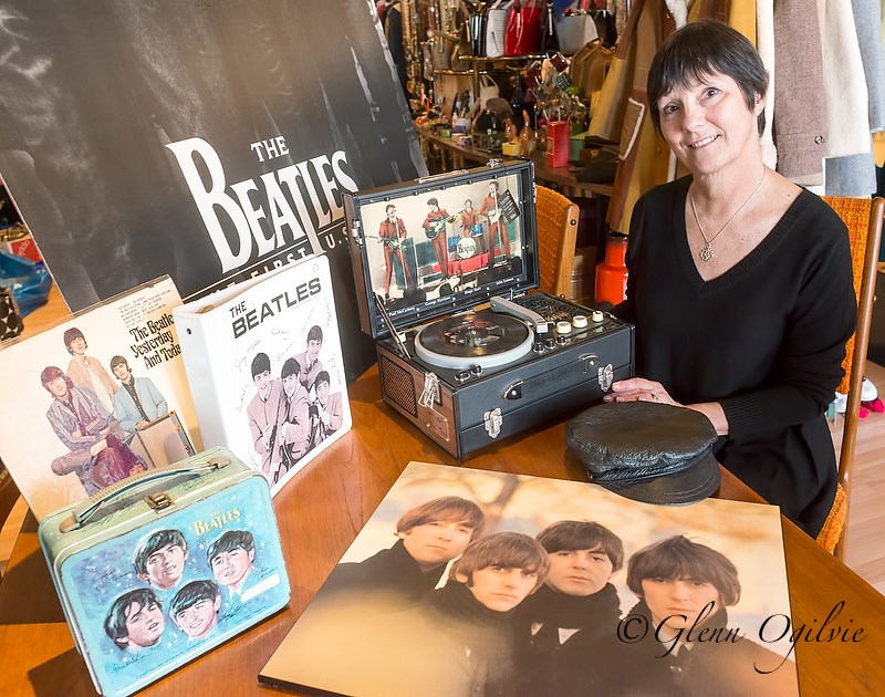 Sue Vollmar with her Beatles collection which is being sold at Joie de Vintage