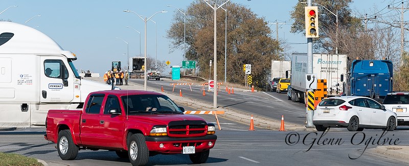 Eastbound traffic along the 402 was detoured along Exmouth Street after a truck with a high load slammed into the Indian Road overpass.